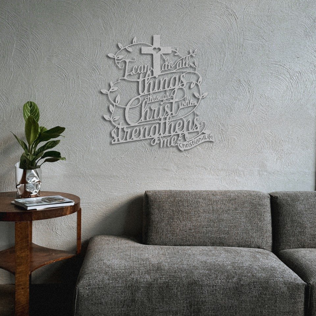 "I can do all things through Christ who strengthens me" Christian die-cut metal sign-(with Heart)-red or silver