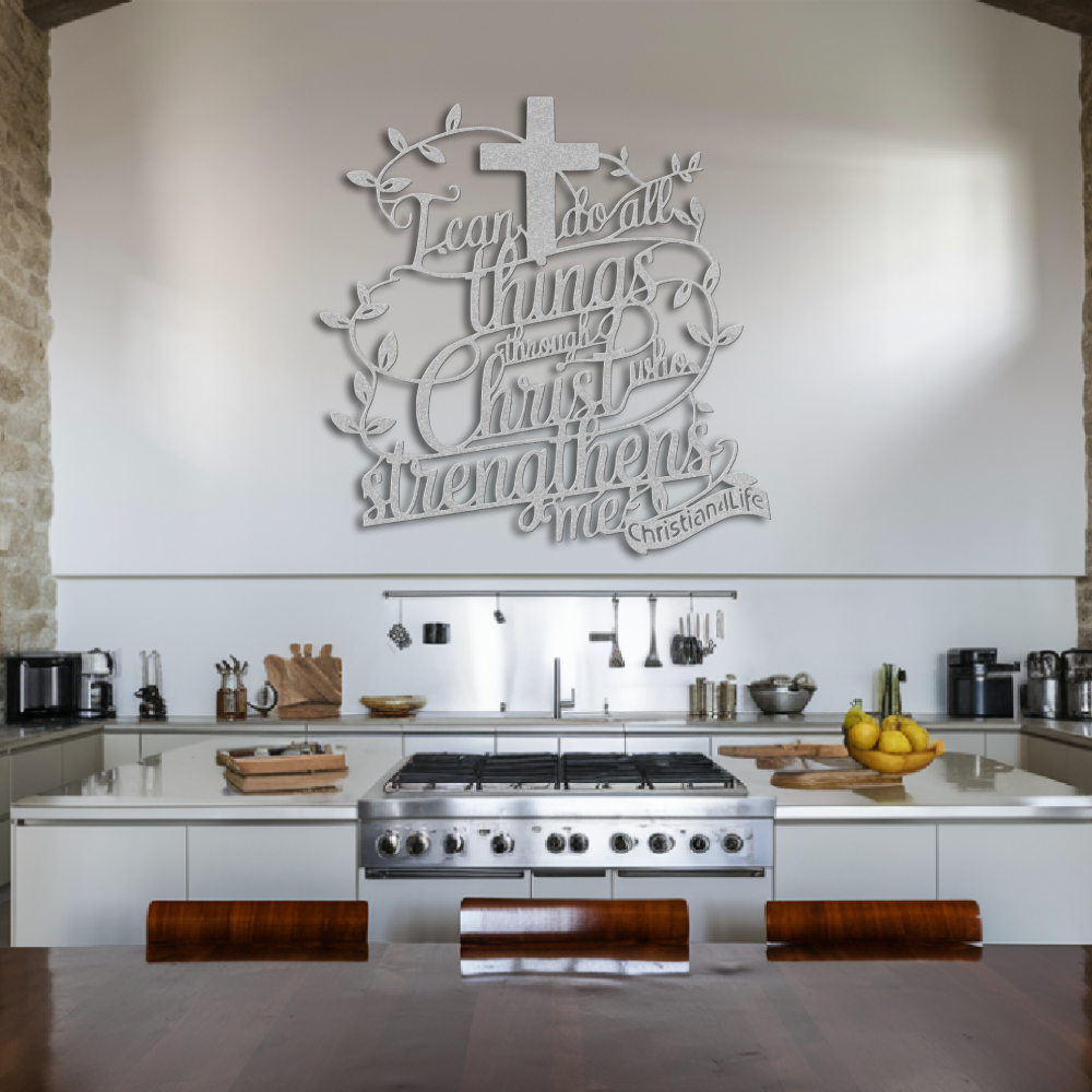 "I can do all things through Christ who strengthens me" Christian die-cut metal sign, Christian Metal Sign, Christian Metal Wall Art (red or silver)