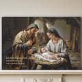 Nativity scene of Baby Jesus, Mary, and Joseph in a stable, with John 1:14 quote - Christian Art Canvas