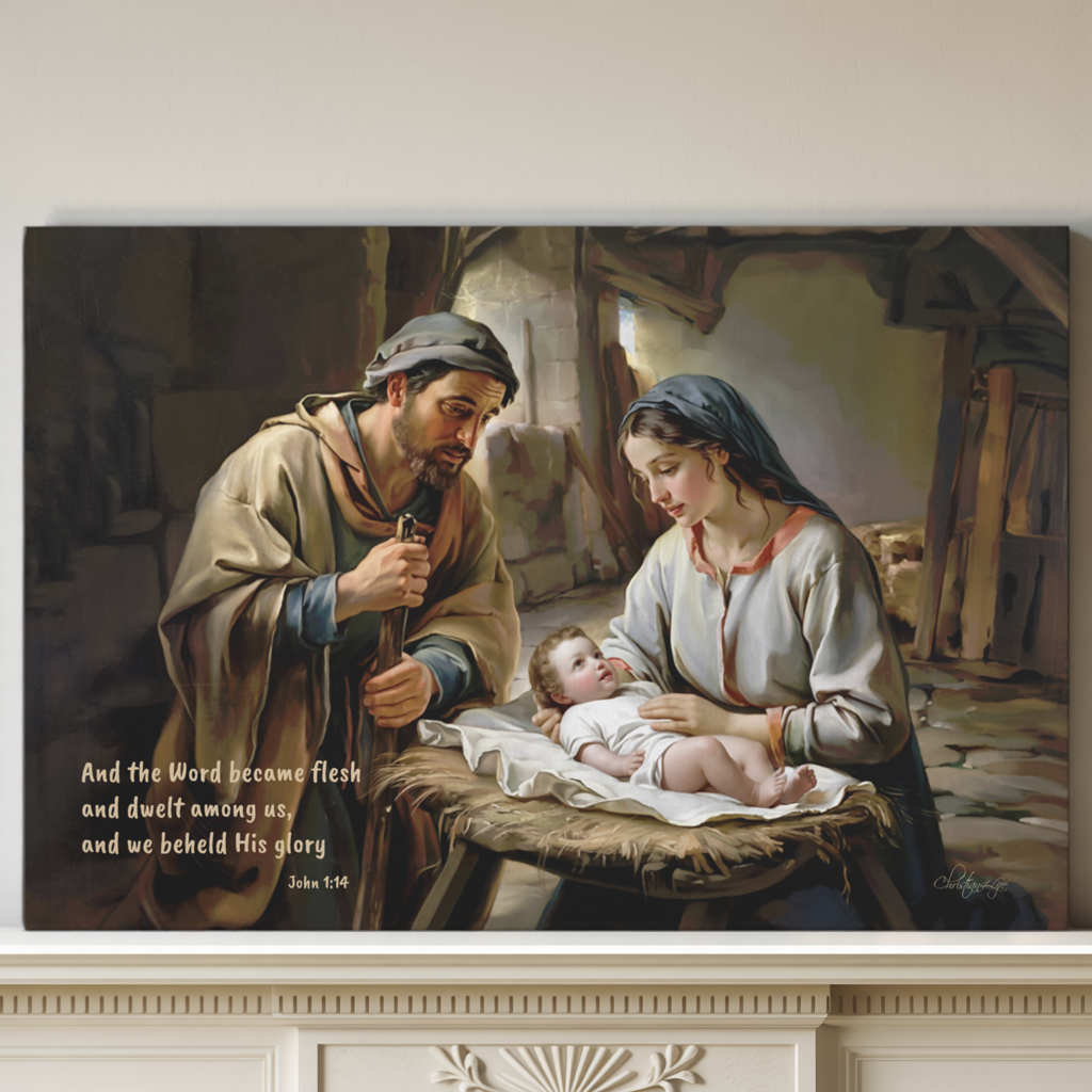 Nativity scene of Baby Jesus, Mary, and Joseph in a stable, with John 1:14 quote - Christian Art Canvas