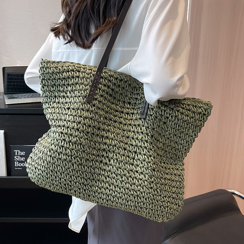 Summer Woven Shoulder Bag Ins Fashion Large Capacity Handbags With Zipper Women's Beach Bags