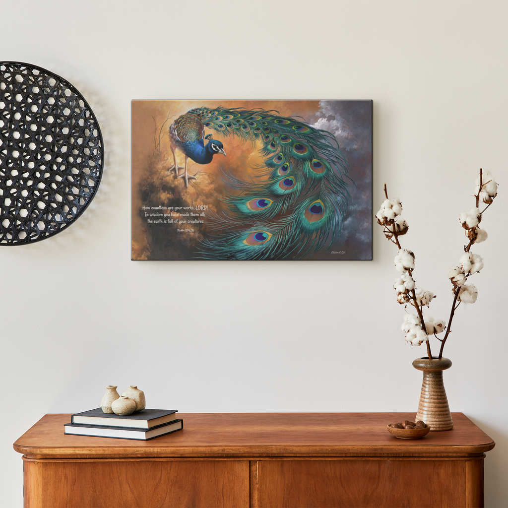 Peacock canvas art print - with Psalm 104:24 Bible Quote, Christian art celebrating God's creative power