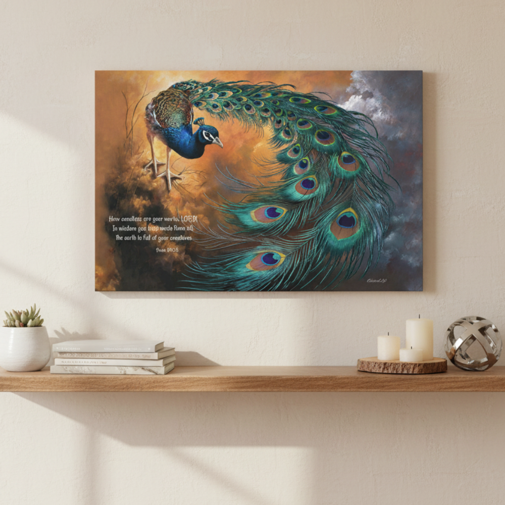 Peacock canvas art print - with Psalm 104:24 Bible Quote, Christian art celebrating God's creative power