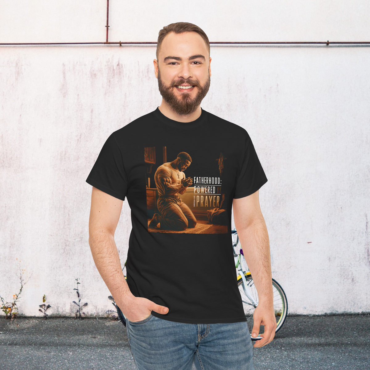 Christian Dad T-shirt "Fatherhood: Powered by Prayer" Heavy Cotton
