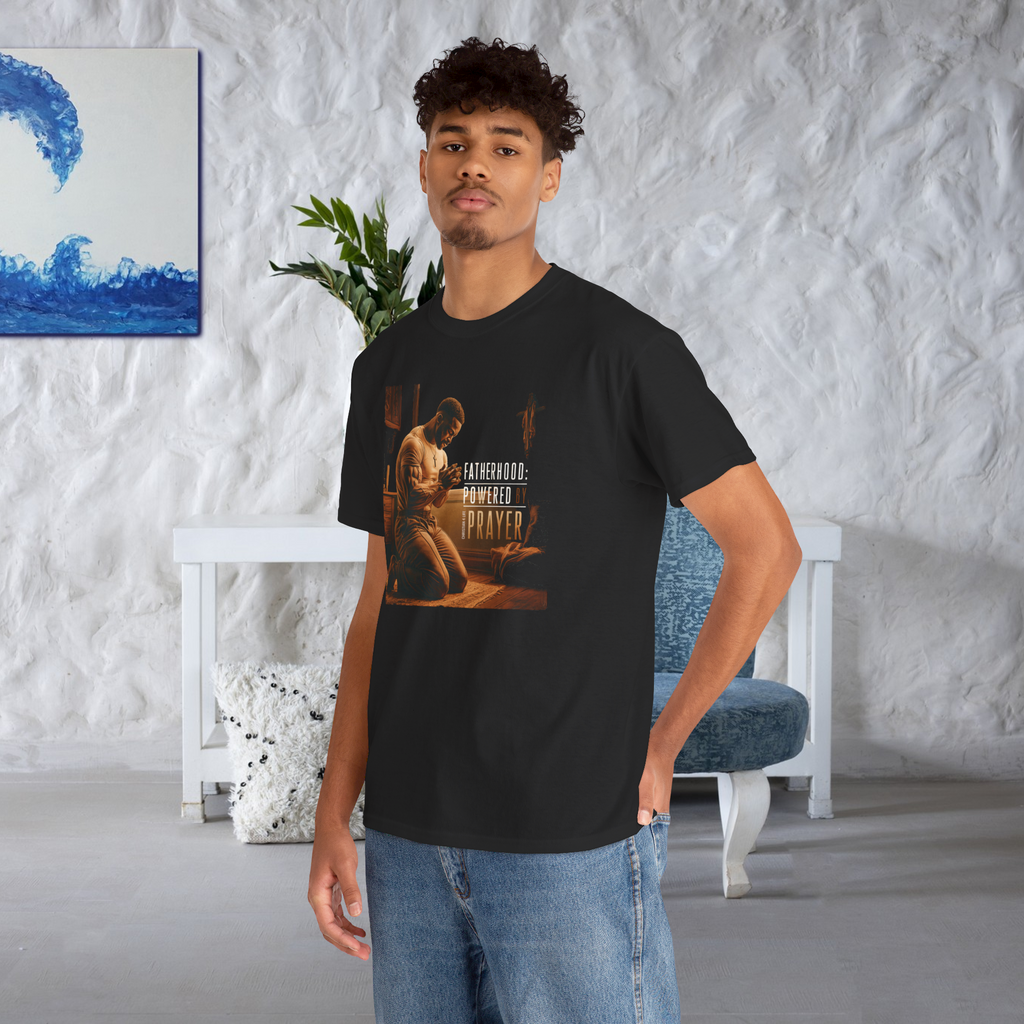 Christian Dad T-shirt "Fatherhood: Powered by Prayer" Heavy Cotton