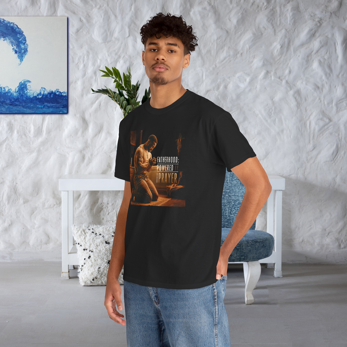 Christian Dad T-shirt "Fatherhood: Powered by Prayer" Heavy Cotton