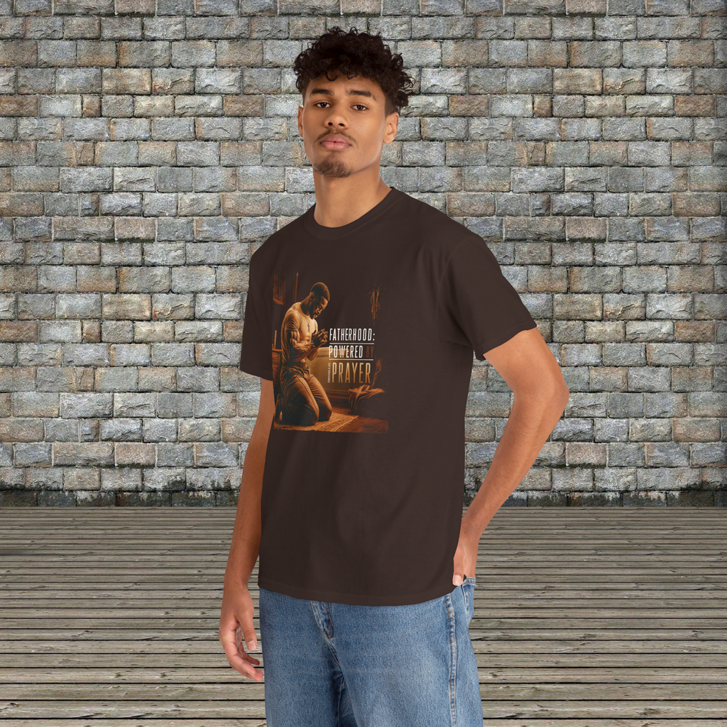 Christian Dad T-shirt "Fatherhood: Powered by Prayer" Heavy Cotton