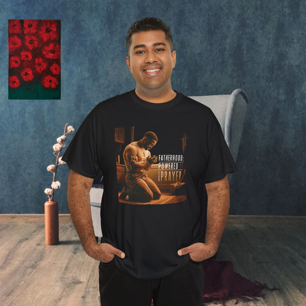 Christian Dad T-shirt "Fatherhood: Powered by Prayer" Heavy Cotton