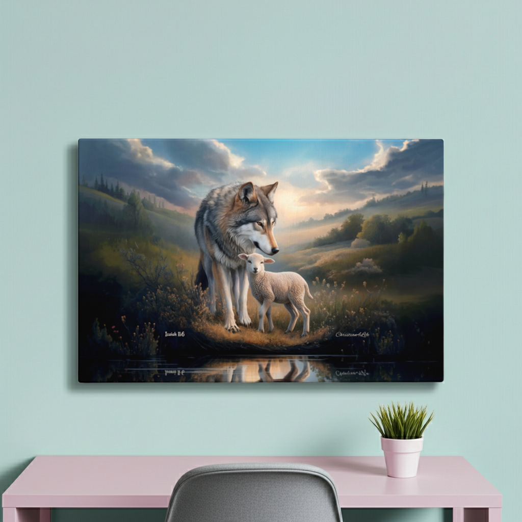 Wolf and Lamb Reflection, Christian Wall Art, Gallery Wrapped Canvas, Isaiah 11:6