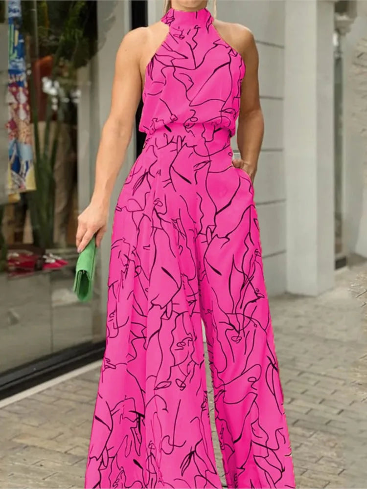 Elegant Printed Halter Neck Leace-Up Jumpsuit Women Sleeveless Fashion High Waist Wide Leg Jumpsuits Casual Streetwear  New