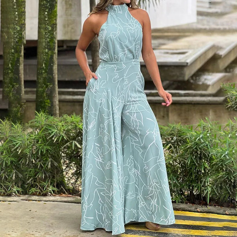 Elegant Printed Halter Neck Leace-Up Jumpsuit Women Sleeveless Fashion High Waist Wide Leg Jumpsuits Casual Streetwear  New