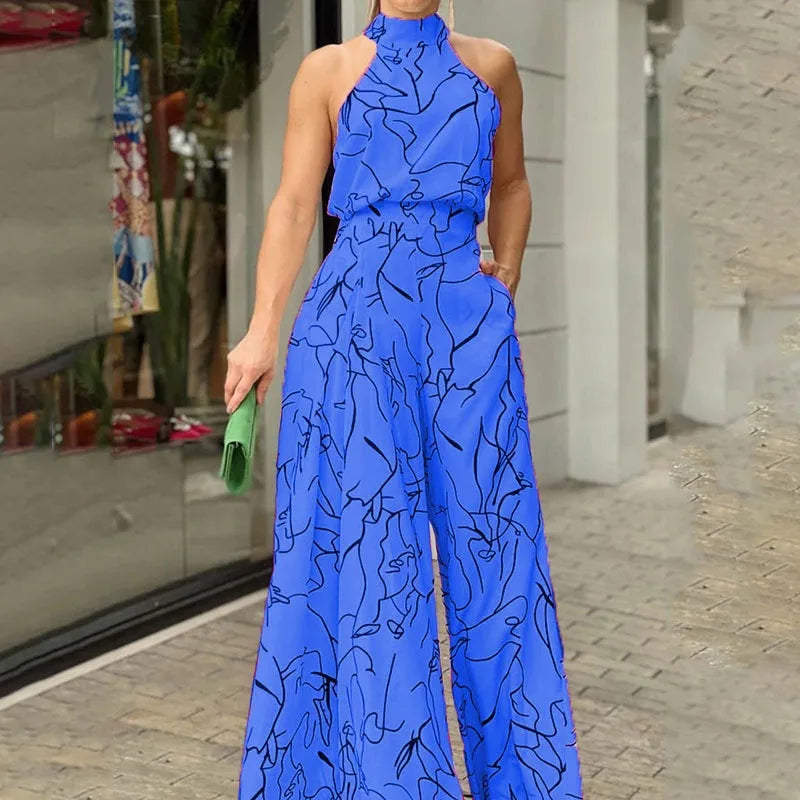 Elegant Printed Halter Neck Leace-Up Jumpsuit Women Sleeveless Fashion High Waist Wide Leg Jumpsuits Casual Streetwear  New
