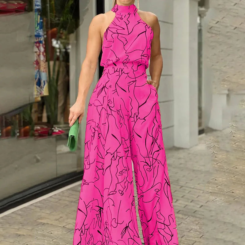 Elegant Printed Halter Neck Leace-Up Jumpsuit Women Sleeveless Fashion High Waist Wide Leg Jumpsuits Casual Streetwear  New