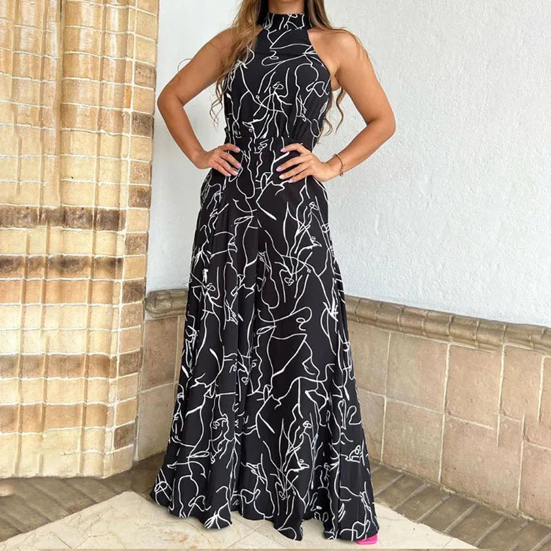 Elegant Printed Halter Neck Leace-Up Jumpsuit Women Sleeveless Fashion High Waist Wide Leg Jumpsuits Casual Streetwear  New