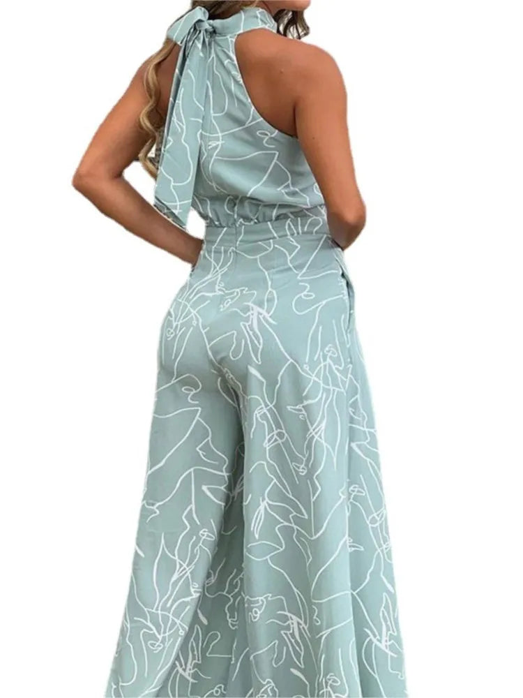 Elegant Printed Halter Neck Leace-Up Jumpsuit Women Sleeveless Fashion High Waist Wide Leg Jumpsuits Casual Streetwear  New