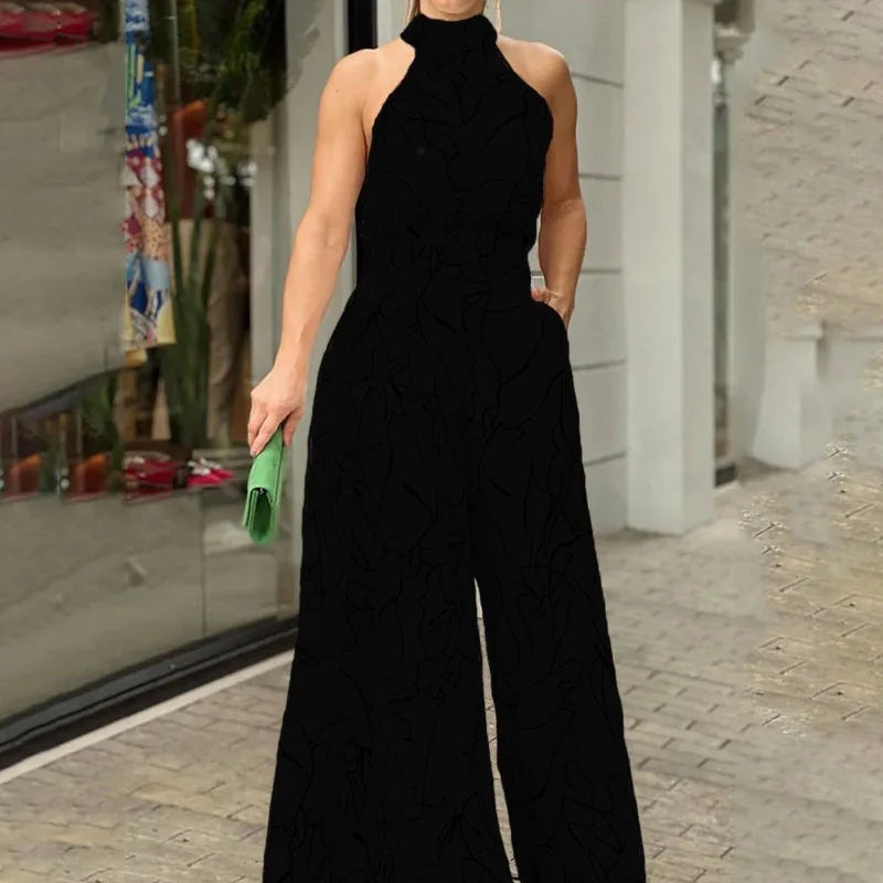 Elegant Printed Halter Neck Leace-Up Jumpsuit Women Sleeveless Fashion High Waist Wide Leg Jumpsuits Casual Streetwear  New