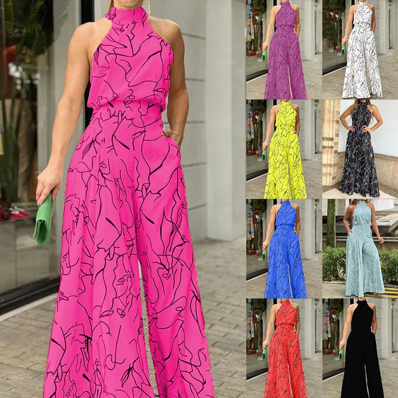 Elegant Printed Halter Neck Leace-Up Jumpsuit Women Sleeveless Fashion High Waist Wide Leg Jumpsuits Casual Streetwear  New