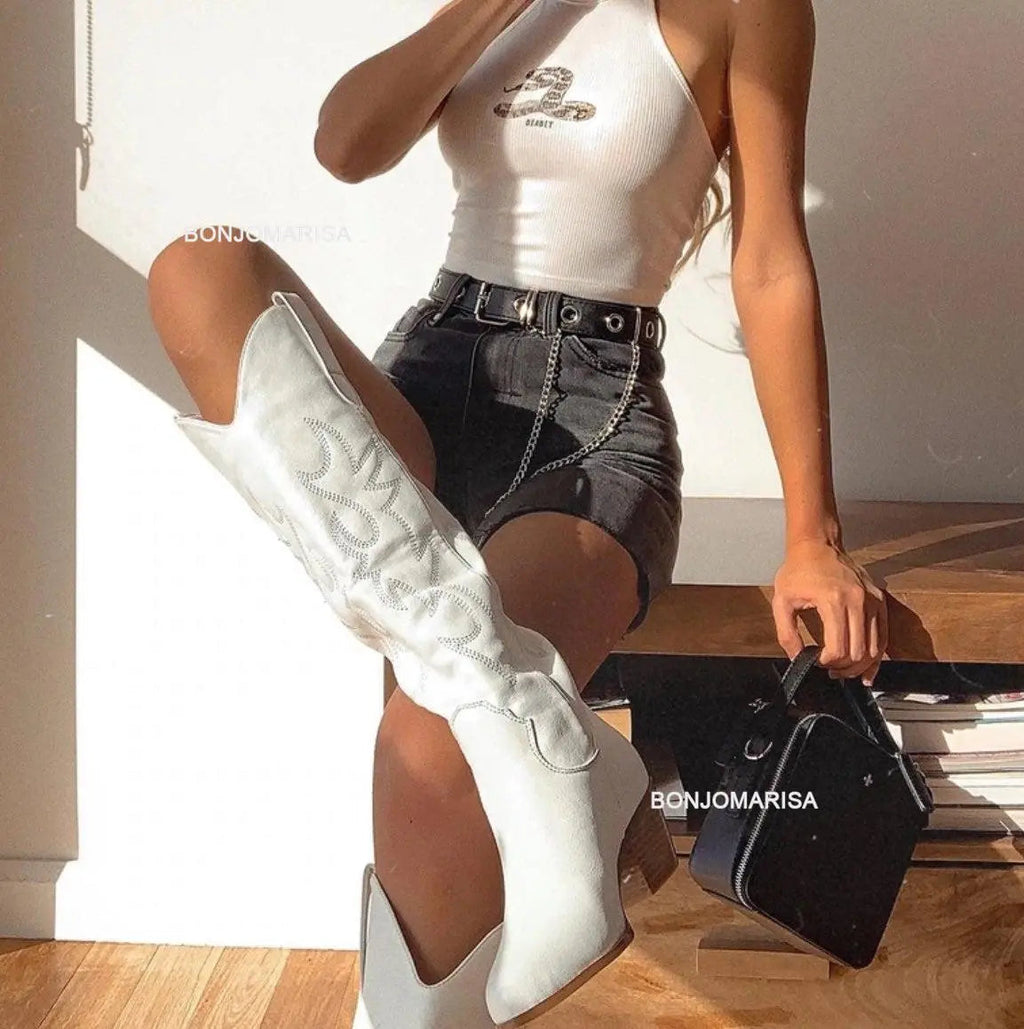 Plus Size 45 Women's Embroidered Western Knee-High Boots Cowboy Cowgirl Boots