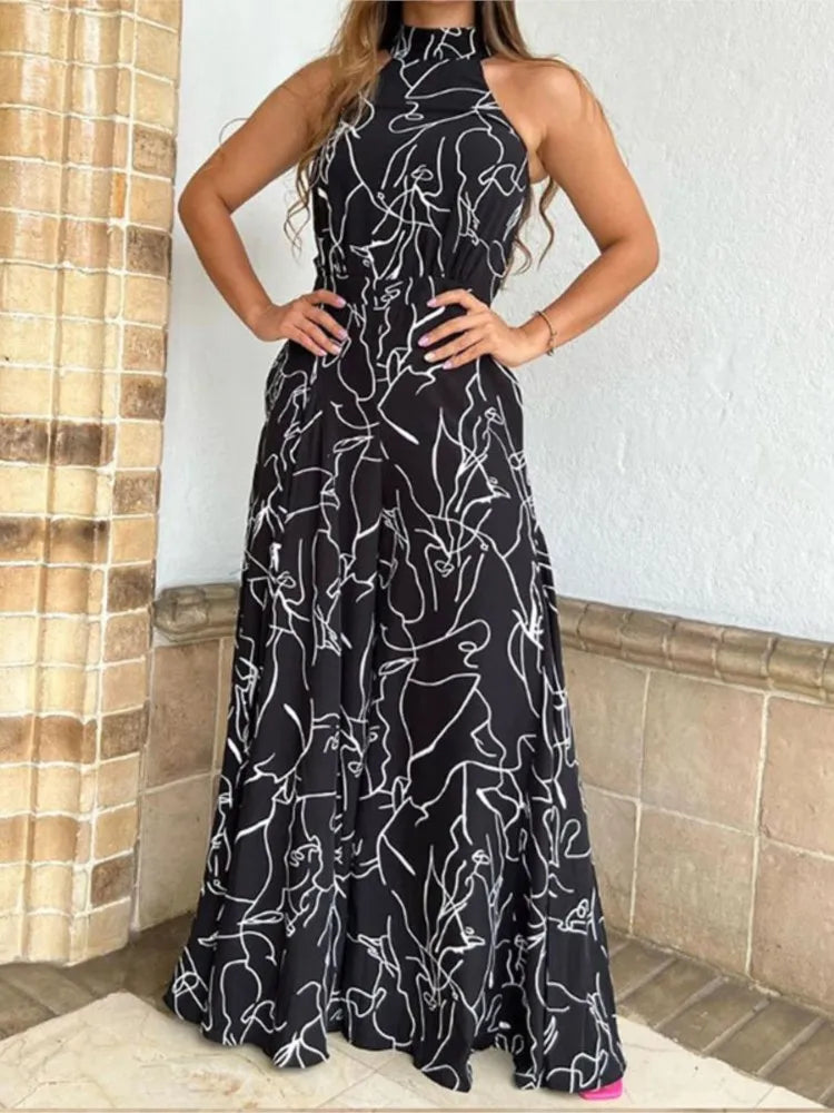 Elegant Printed Halter Neck Leace-Up Jumpsuit Women Sleeveless Fashion High Waist Wide Leg Jumpsuits Casual Streetwear  New