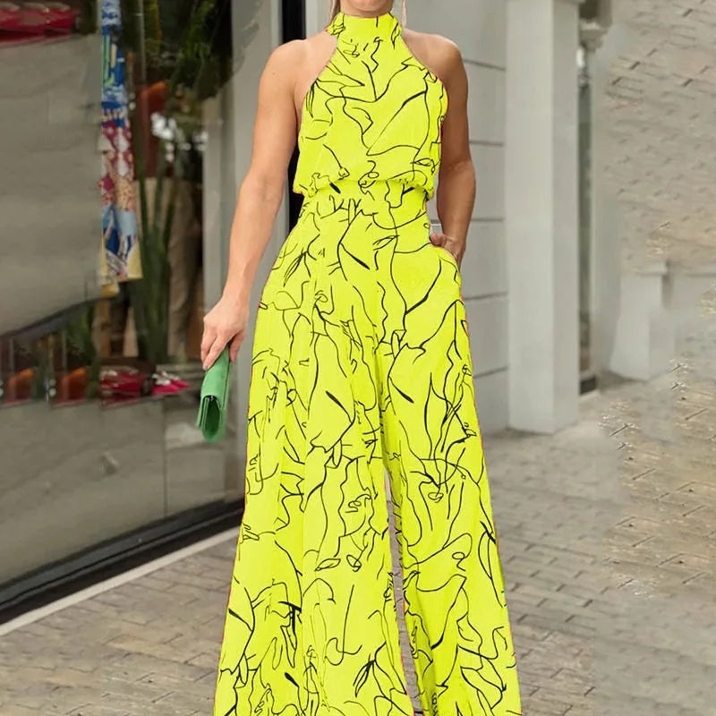 Elegant Printed Halter Neck Leace-Up Jumpsuit Women Sleeveless Fashion High Waist Wide Leg Jumpsuits Casual Streetwear  New