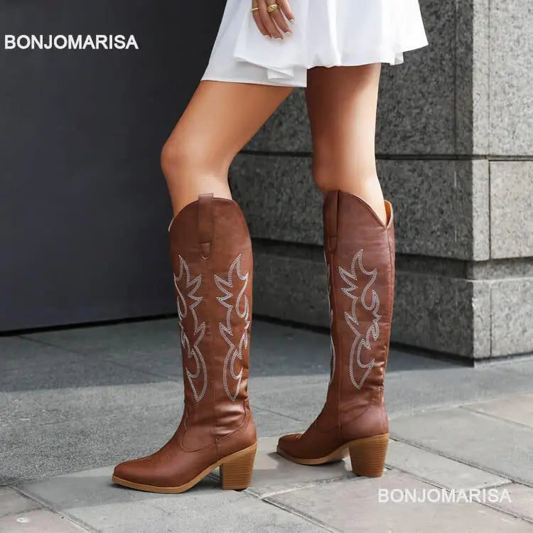 Plus Size 45 Women's Embroidered Western Knee-High Boots Cowboy Cowgirl Boots