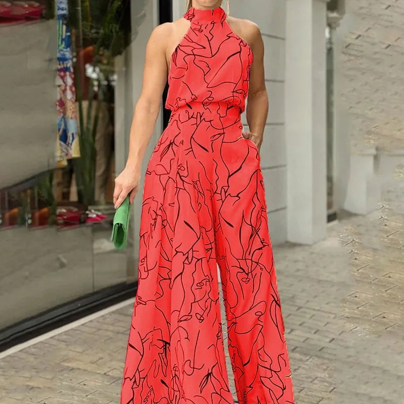 Elegant Printed Halter Neck Leace-Up Jumpsuit Women Sleeveless Fashion High Waist Wide Leg Jumpsuits Casual Streetwear  New
