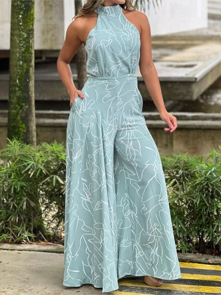 Elegant Printed Halter Neck Leace-Up Jumpsuit Women Sleeveless Fashion High Waist Wide Leg Jumpsuits Casual Streetwear  New