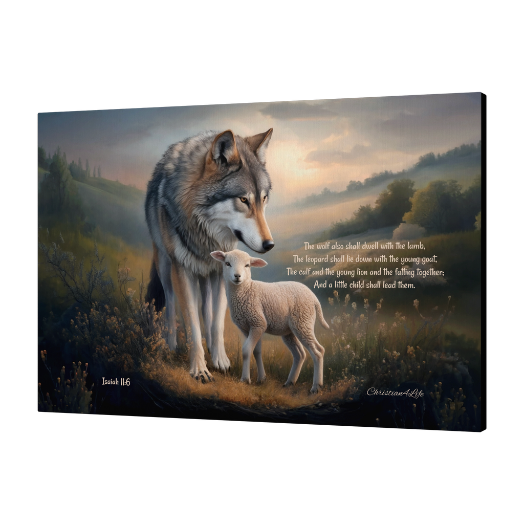 Wolf and Lamb, Christian Wall Art, Gallery Wrapped Canvas, with Isaiah 11:6 Quote