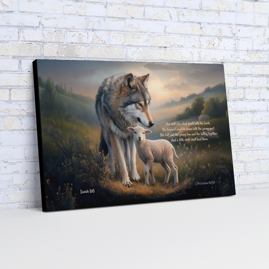 Wolf and Lamb, Christian Wall Art, Gallery Wrapped Canvas, with Isaiah 11:6 Quote