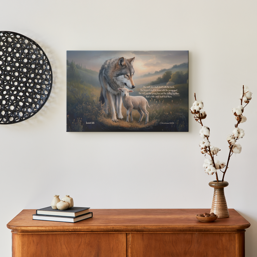 Wolf and Lamb, Christian Wall Art, Gallery Wrapped Canvas, with Isaiah 11:6 Quote