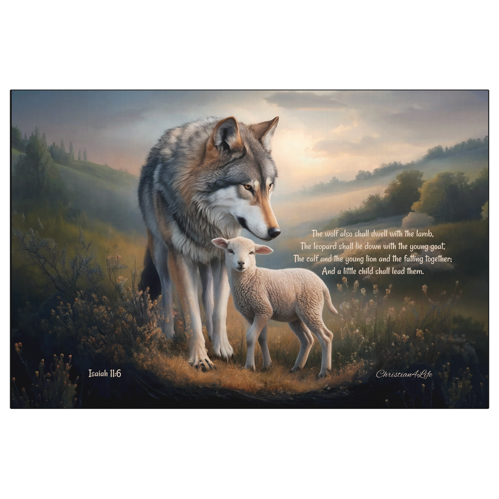 Wolf and Lamb, Christian Wall Art, Gallery Wrapped Canvas, with Isaiah 11:6 Quote