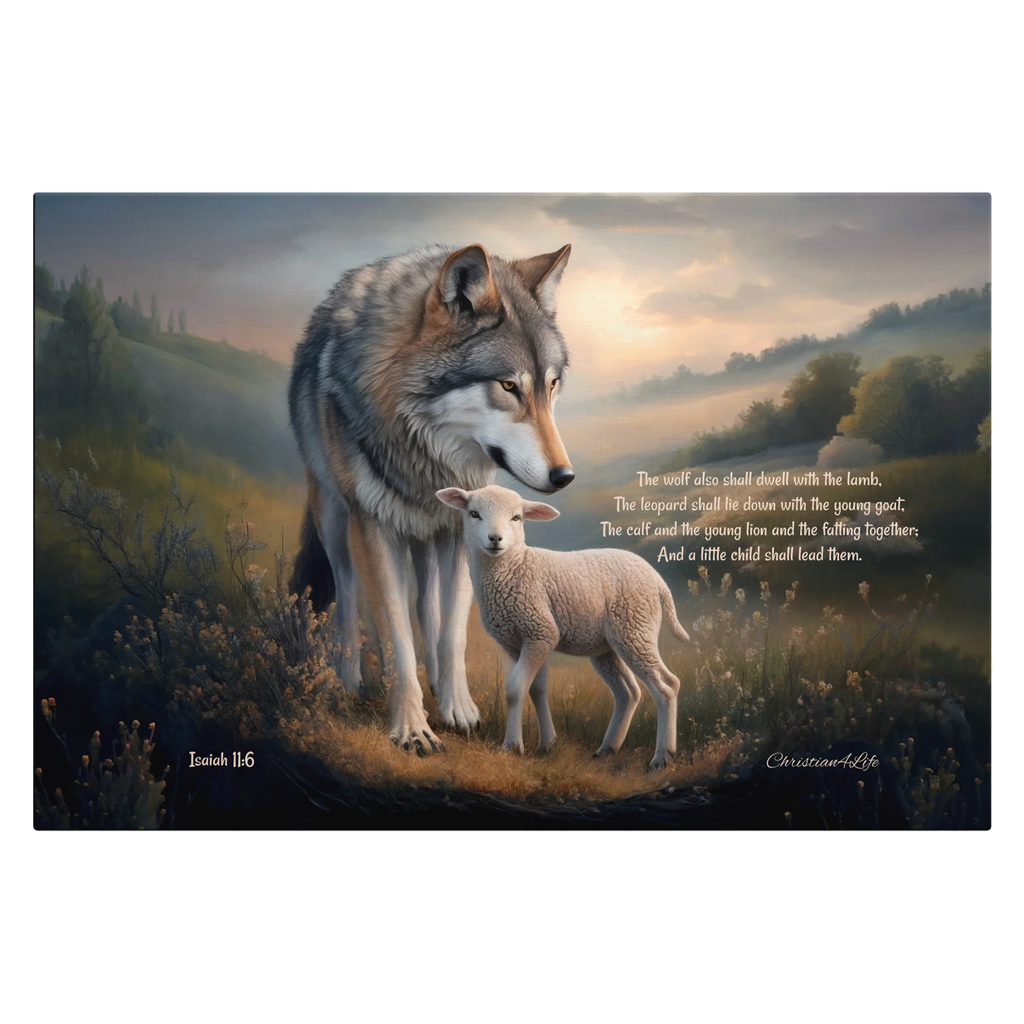 Wolf and Lamb, Christian Wall Art, Gallery Wrapped Canvas, with Isaiah 11:6 Quote
