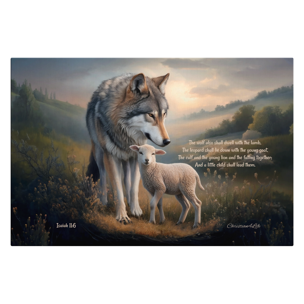 Wolf and Lamb, Christian Wall Art, Gallery Wrapped Canvas, with Isaiah 11:6 Quote