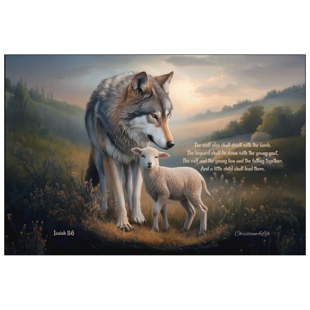 Wolf and Lamb, Christian Wall Art, Gallery Wrapped Canvas, with Isaiah 11:6 Quote