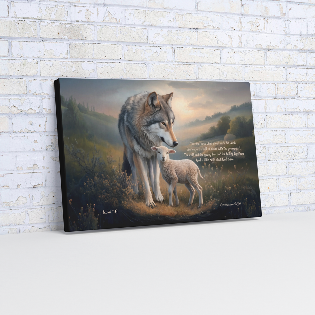 Wolf and Lamb, Christian Wall Art, Gallery Wrapped Canvas, with Isaiah 11:6 Quote