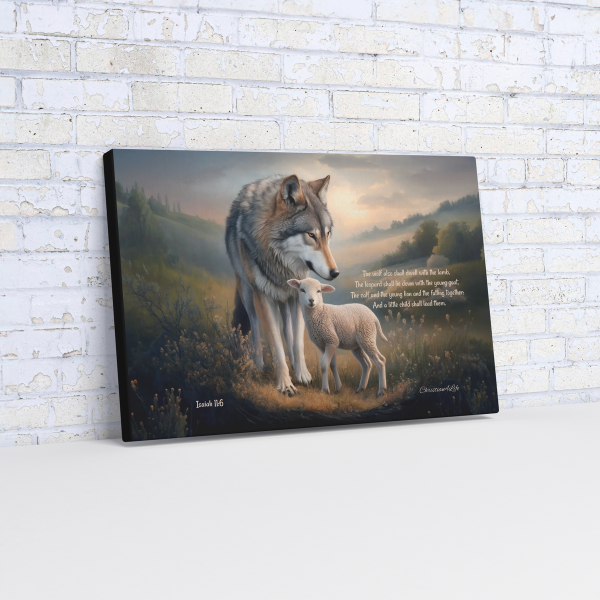 Wolf and Lamb, Christian Wall Art, Gallery Wrapped Canvas, with Isaiah 11:6 Quote