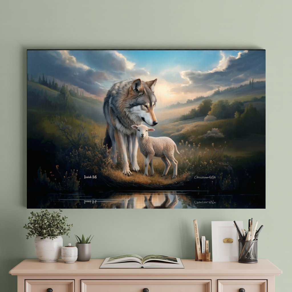 Wolf and Lamb Reflection, Christian Wall Art, Gallery Wrapped Canvas, Isaiah 11:6