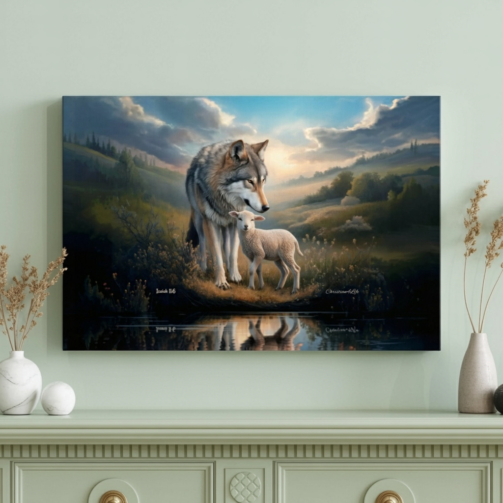 Wolf and Lamb Reflection, Christian Wall Art, Gallery Wrapped Canvas, Isaiah 11:6