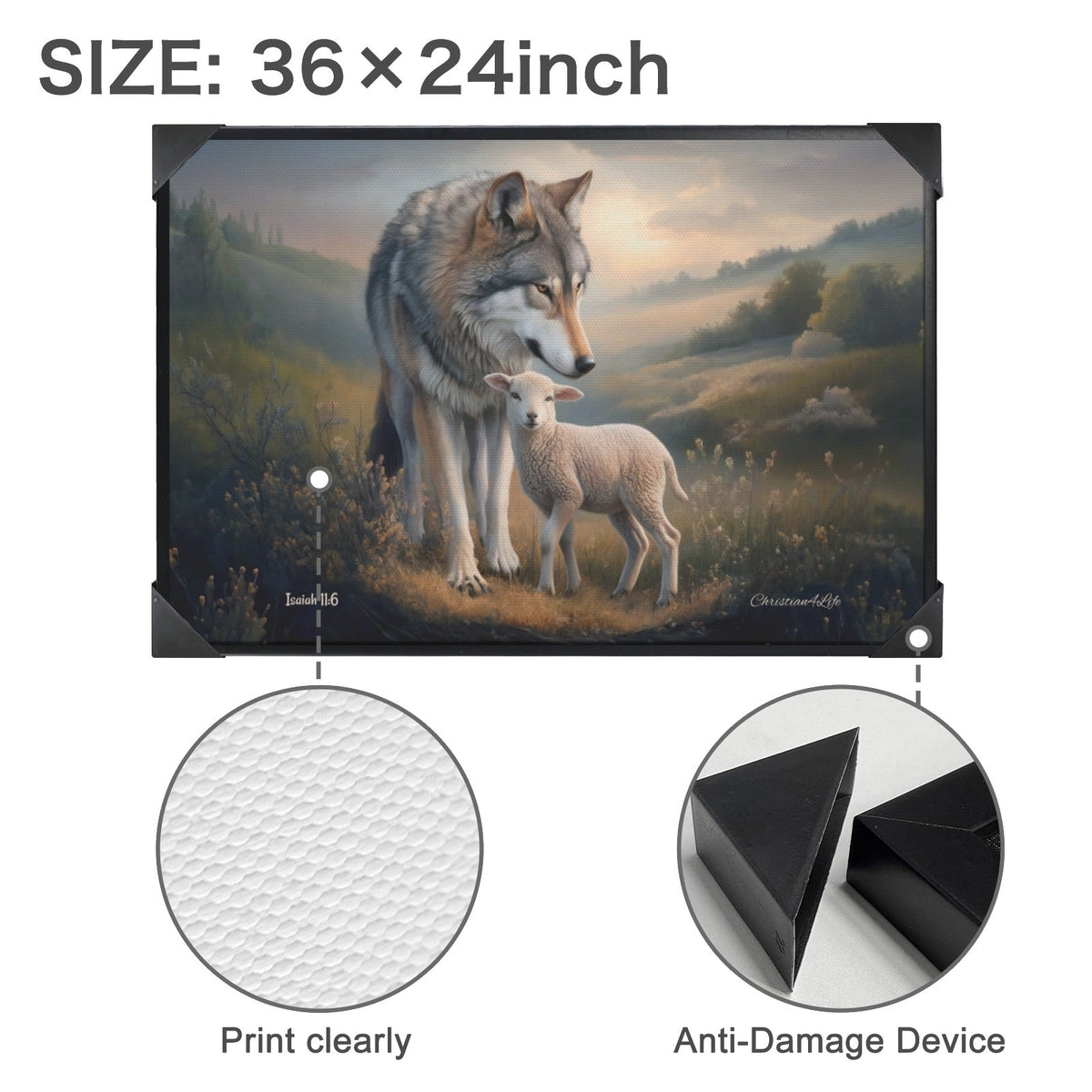 Framed- Wolf and Lamb, Christian Wall Art, Black Framed Canvas Print, Isaiah 11:6