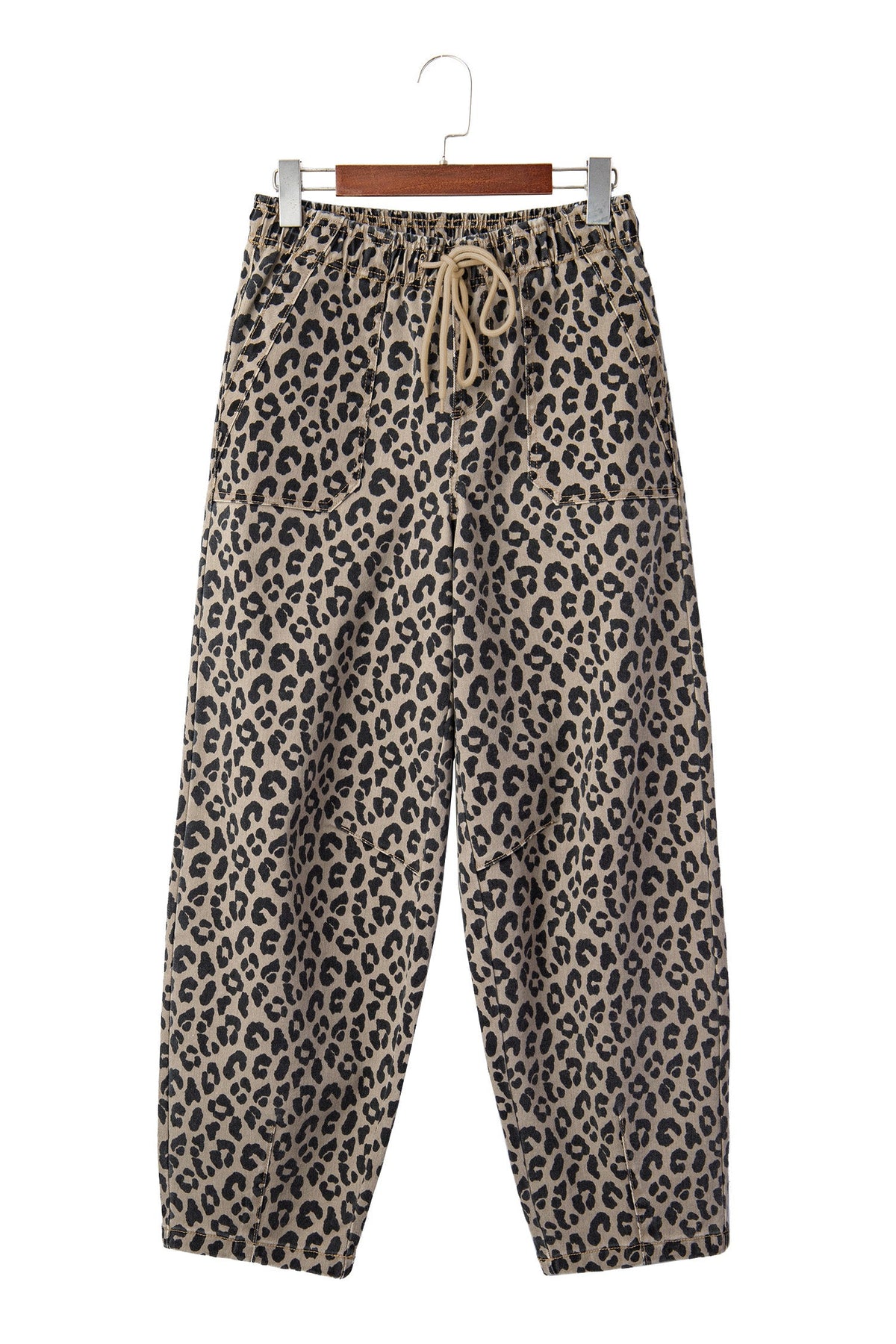 Khaki Leopard Print Drawstring Elastic Waist Loose Denim Pants with Pockets