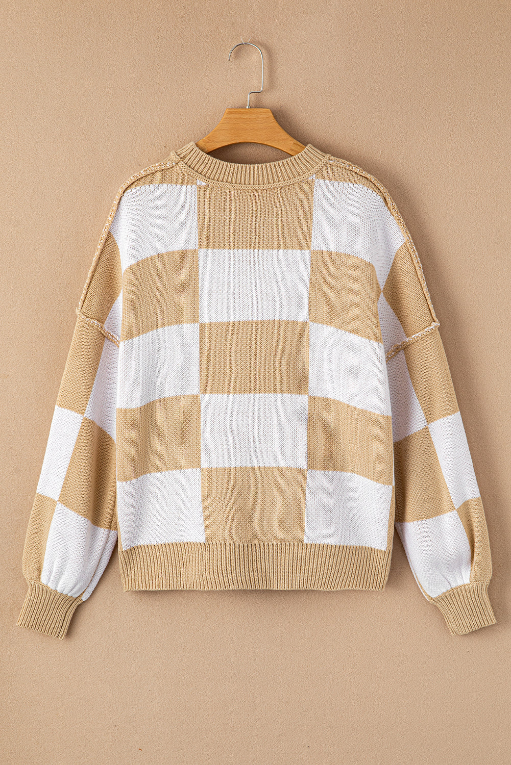 Dark Brown Plaid Bishop Sleeve Pullover Sweater
