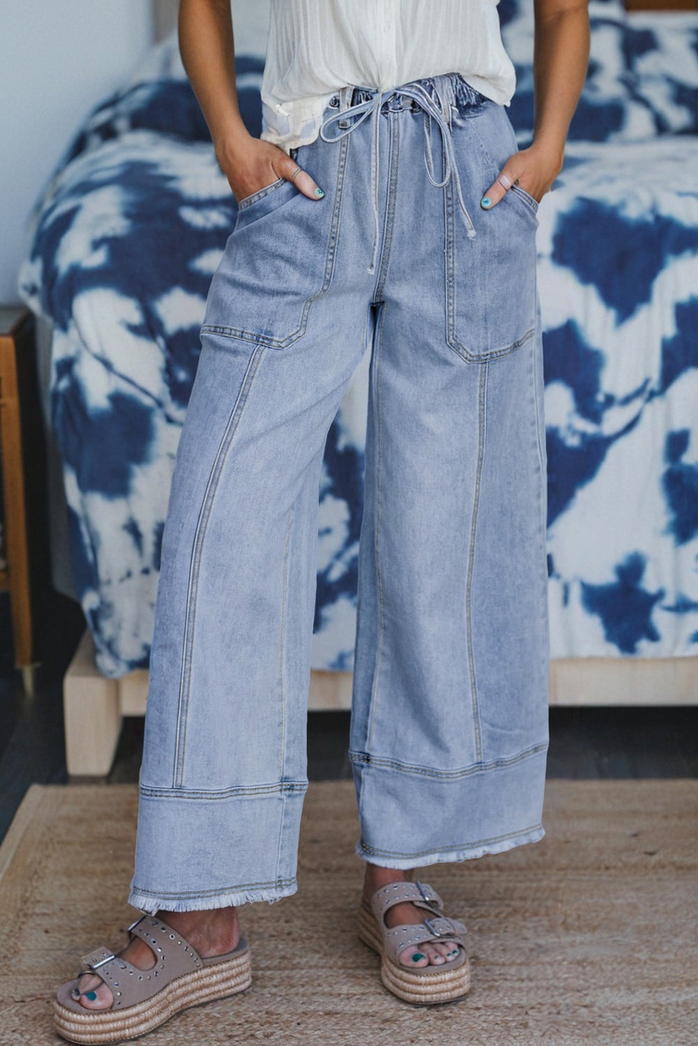 Prussian Blue Drawstring Seam Detail Raw Hem Wide Leg Denim Pants