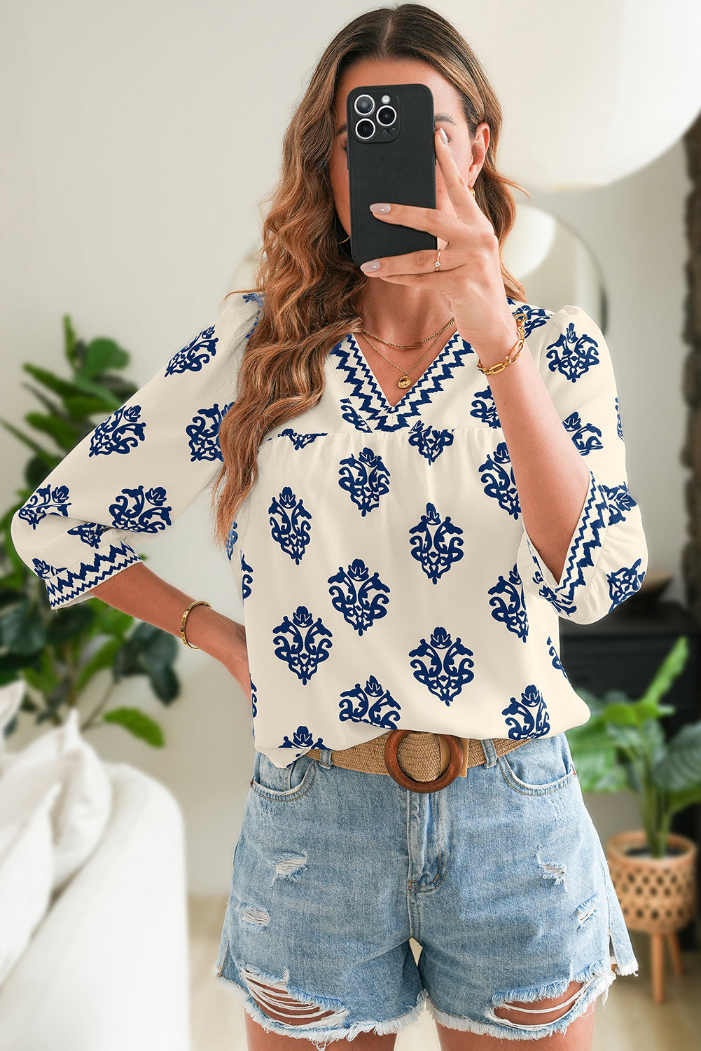 Green Damask Floral Print Contrast V Neck 3/4 Sleeve Blouse