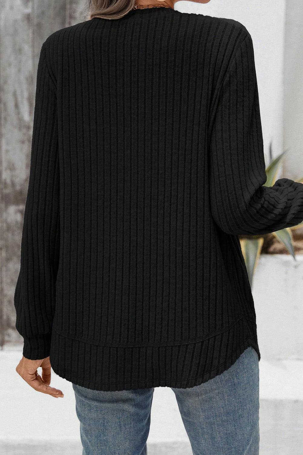 Black Ribbed Texture Round Neck Long Sleeve Rounded Hem Knit Top
