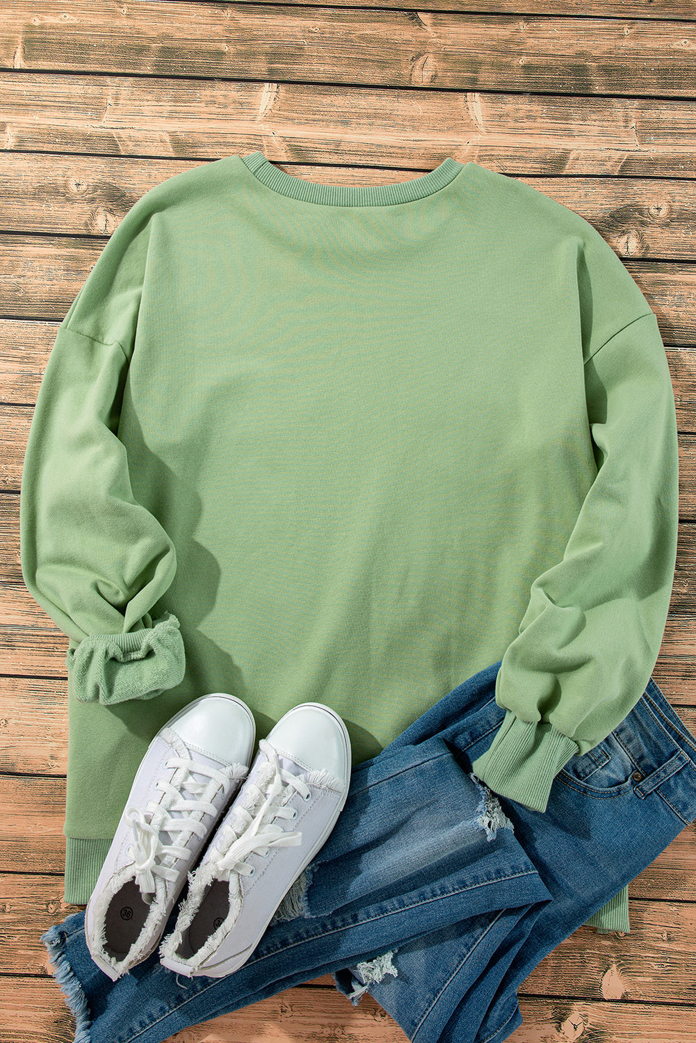 Sea Green Solid Fleece Lined Drop Shoulder High Low Sweatshirt