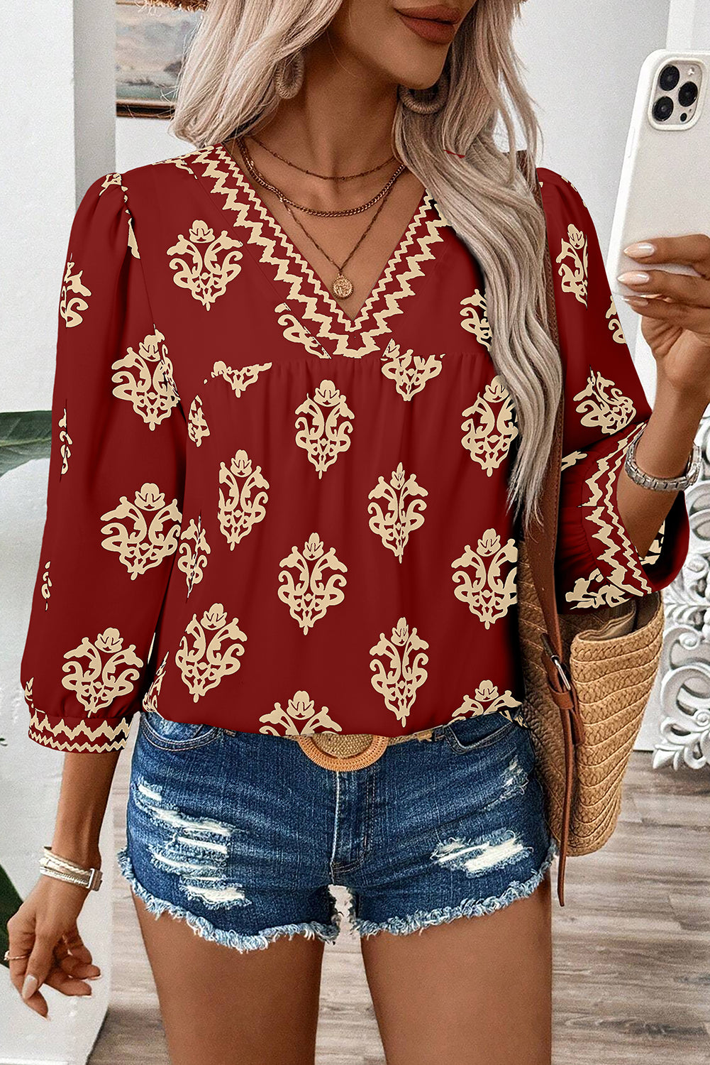 Green Damask Floral Print Contrast V Neck 3/4 Sleeve Blouse