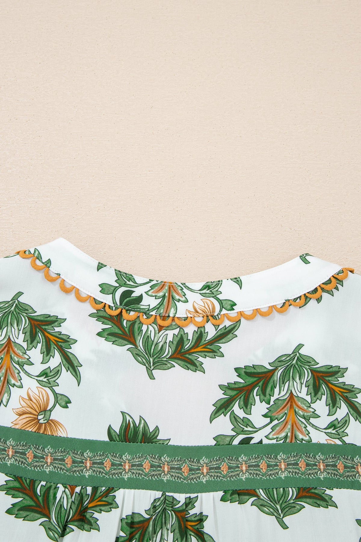 Green Plus Size Floral Printed Contrast Patchwork Detail Tassel Tie 3/4 Sleeve Blouse