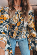 Blue Floral Off Shoulder Bell Sleeve Smocked Peplum Top