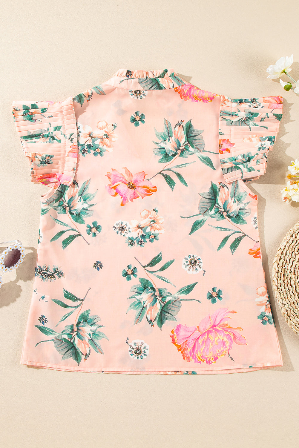 Pink Floral Print Frill V Neck Pleated Sleeve Blouse