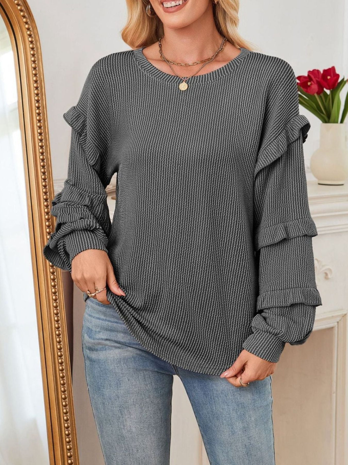Ruffle Trim Long Sleeve Blouse